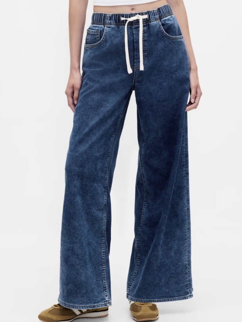 GAP Knit Denim Baggy Jeans Drawstring Mid Rise Wide Leg Petite Large Dark Indigo